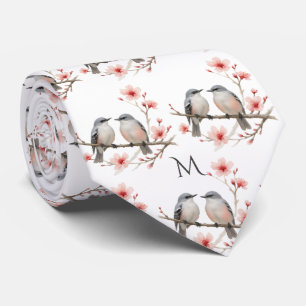 Bird Theme on Branches Monogram Watercolor Neck Tie