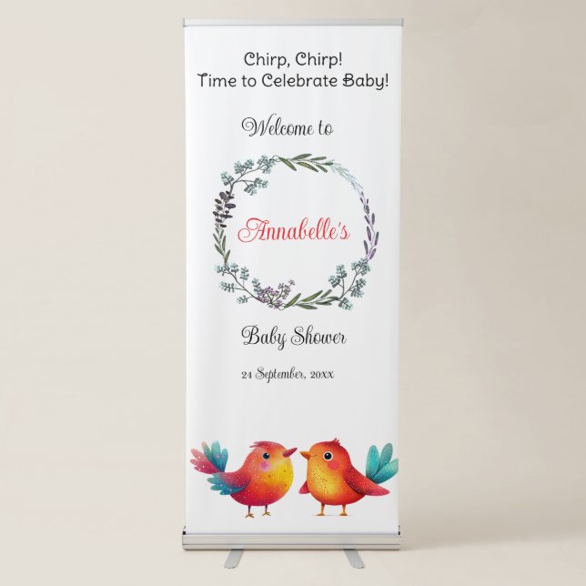 Bird-Themed Baby Shower Cute Watercolor Retractable Banner (Front)