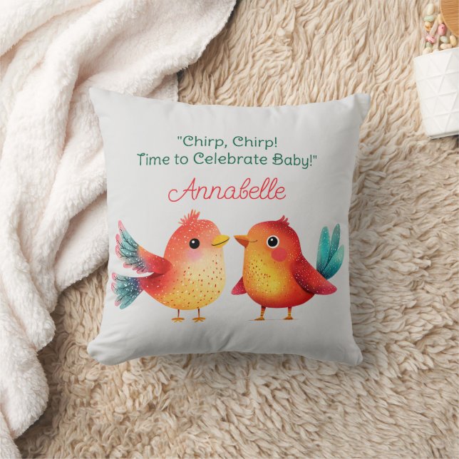 Bird-Themed Baby Shower Cute Watercolor Throw Pillow (Blanket)