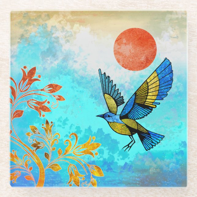Bird Tree Sun Glass Coaster (Front)
