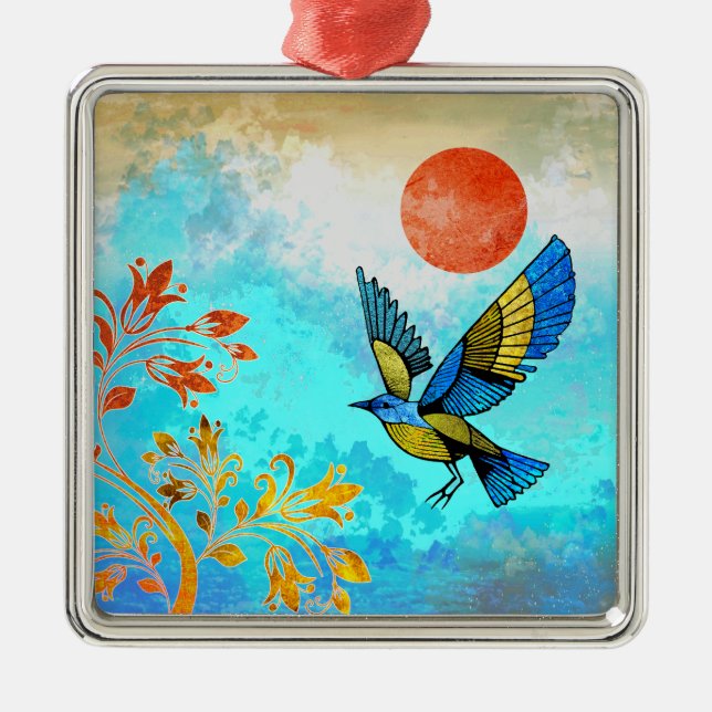 Bird Tree Sun Metal Ornament (Front)