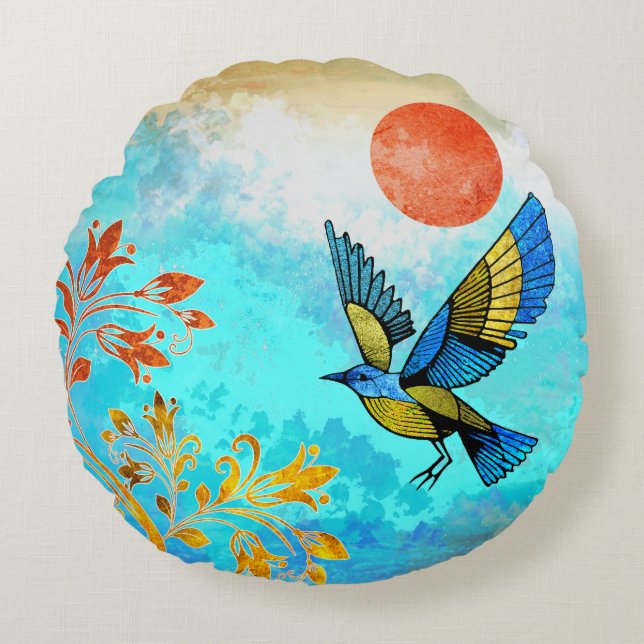 Bird Tree Sun Round Pillow (Front)
