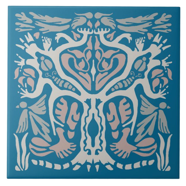 Bird Tree Symmetrical Nature Design Blue Ceramic Tile (Front)
