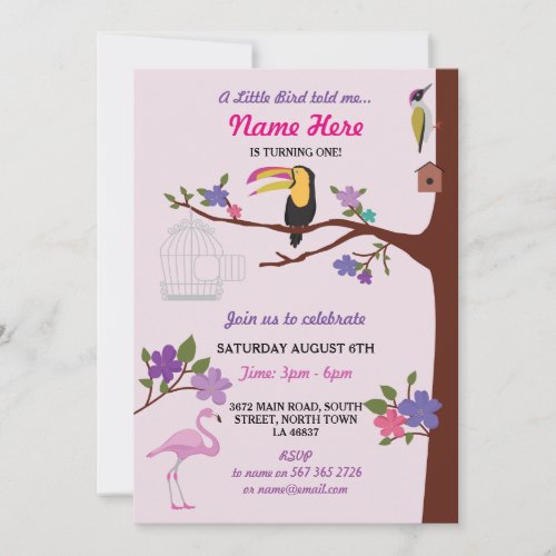 Bird Tucan GirI Birthday Pink Twins Invite