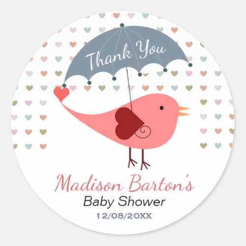 Bird Under Umbrella Raining Hearts Baby Shower Classic Round Sticker