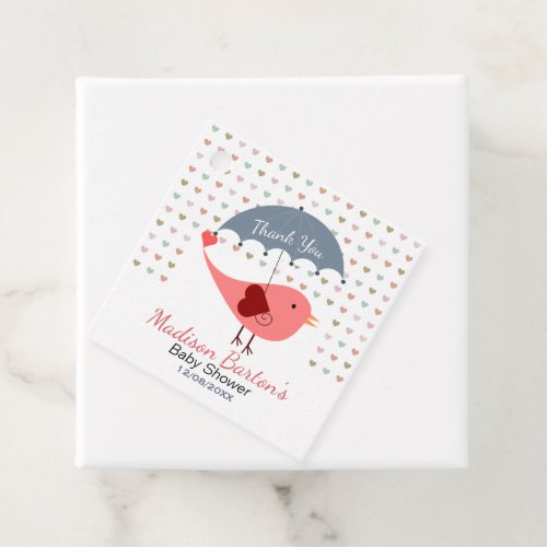 Bird Under Umbrella Raining Hearts Baby Shower Favor Tags