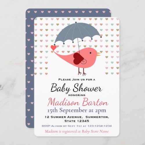 Bird Under Umbrella Raining Hearts Baby Shower Invitation