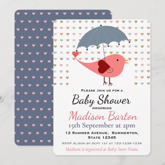 Bird Under Umbrella Raining Hearts Baby Shower Invitation (Front/Back)