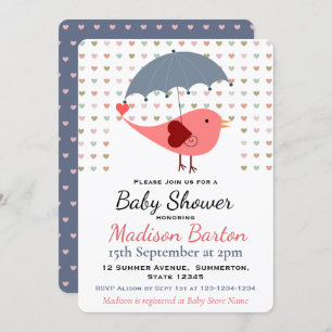 Bird Under Umbrella Raining Hearts Baby Shower Invitation
