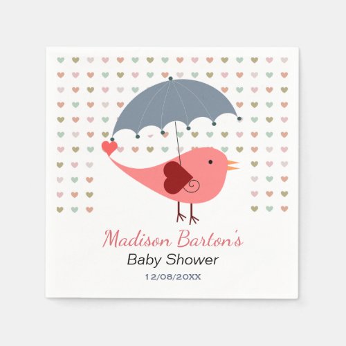 Bird Under Umbrella Raining Hearts Baby Shower Napkins