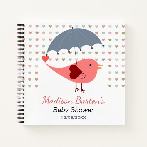 Bird Under Umbrella Raining Hearts Baby Shower Notebook