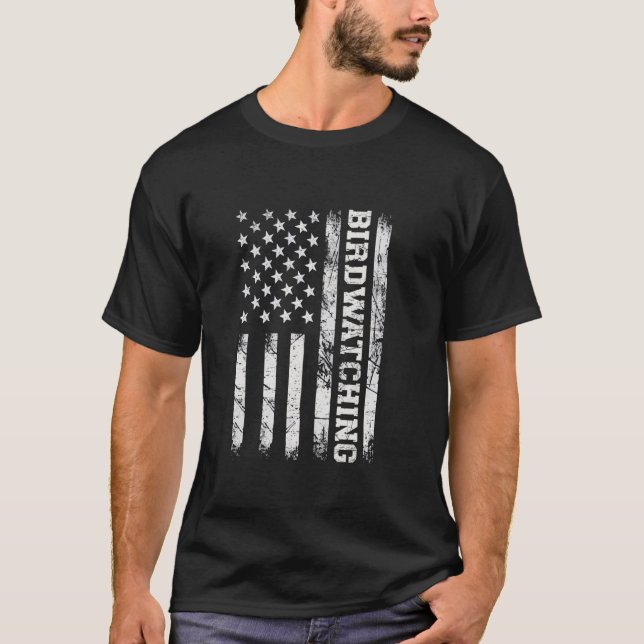 Bird Watching American Flag Birding Ornithology T-Shirt (Front)
