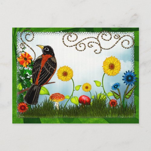 Bird Watching Whimsical Folk Art Postcard