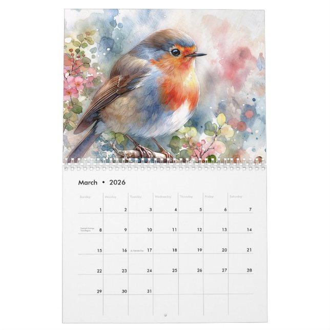 Bird Watercolor Art Calendar (Mar 2026)