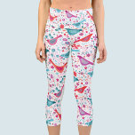 Bird Watercolor Pattern Capri Leggings<br><div class="desc">Modern Bohemian folk style watercolor painting of birds in a garden of bright orange,  pink and teal wild flowers on a white background. Original art by Nic Squirrell.</div>