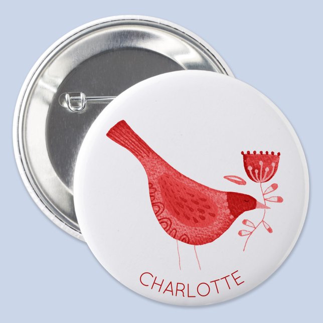 Bird Watercolor Red Personalized Button (Red watercolor bird personalized name button)