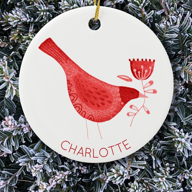 Bird Watercolor Red Personalized Ceramic Ornament (Red watercolor bird personalized custom name Christmas ornament)