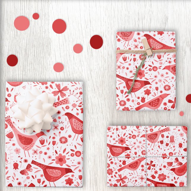 Bird Watercolor Red Wrapping Paper Sheets (Creator Uploaded)