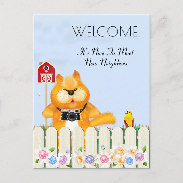 Bird Welcomes Cat to Neighborhood | New Home Invitation Postcard (Front)
