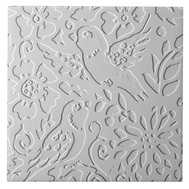 Bird White Gray Black Embossed  Woodland Animal Ceramic Tile (Front)