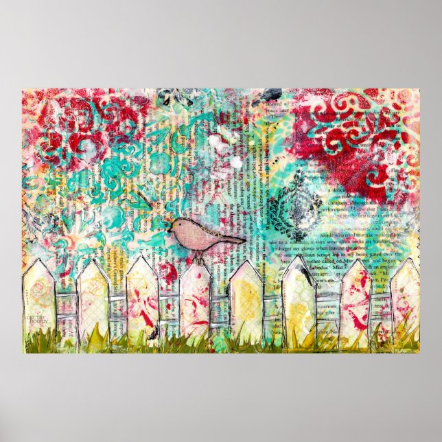 Bird & White Picket Fence Mixed Media Poster Print (Front)