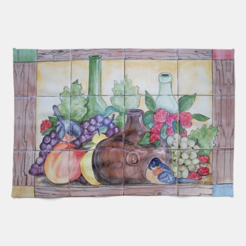 Bird Wine Bottle Grape Fruit Harvest Still Life Kitchen Towel