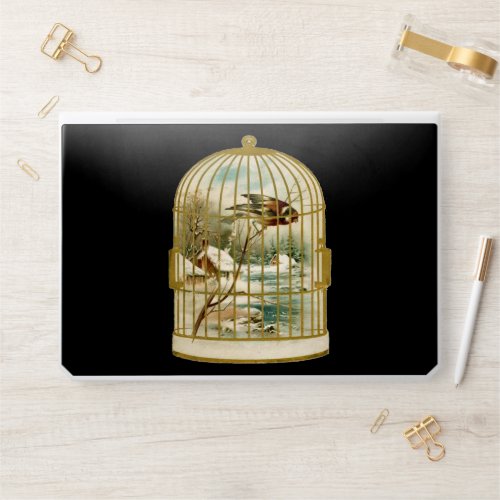 Bird Winter Cabin Scene in Golden Birdcage Black HP Laptop Skin