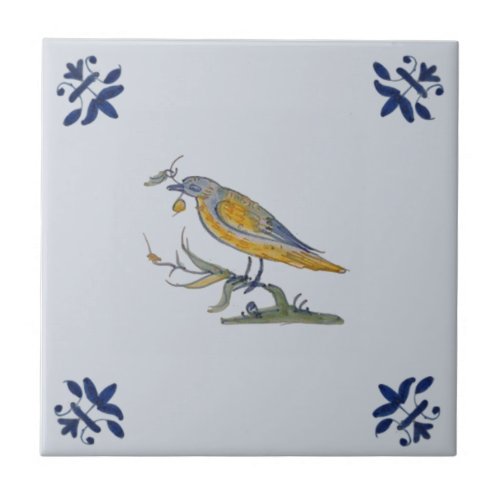 Bird with Berry Delft Repro Hand Painted c 1650  Ceramic Tile