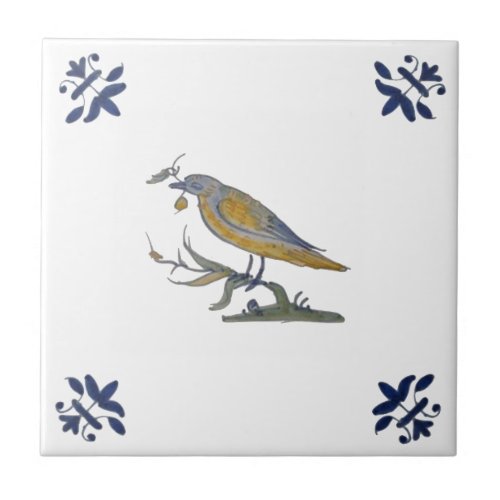 Bird with Berry White Delft Repro c 1650 Tile 