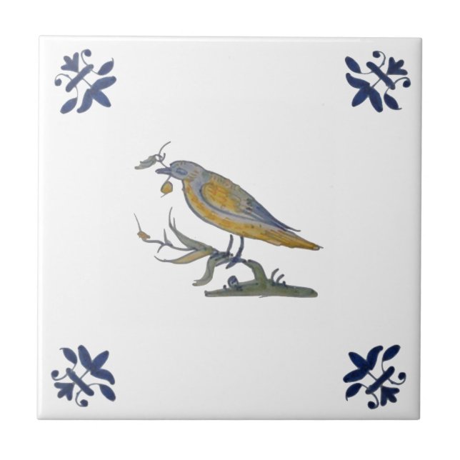 Bird with Berry White Delft Repro c. 1650 Tile  (Front)