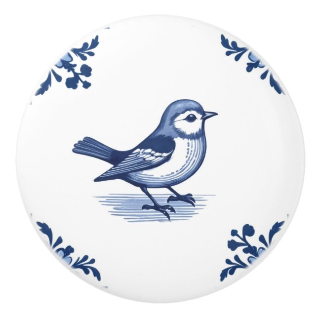 Bird with Delft Blue and White Floral Corners Ceramic Knob (Front)