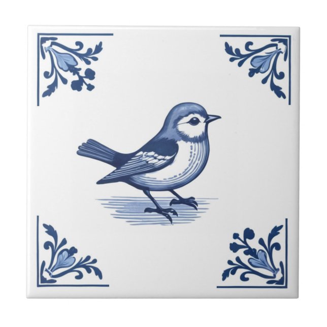 Bird with Delft Blue and White Floral Corners Ceramic Tile (Front)