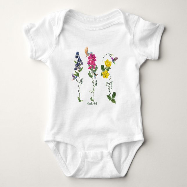 Bird With Flower Justice Love Mercy And Walk Jesus Baby Bodysuit (Front)