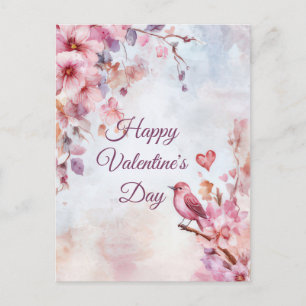 Bird with Flowers and Heart Valentine's Greeting Postcard