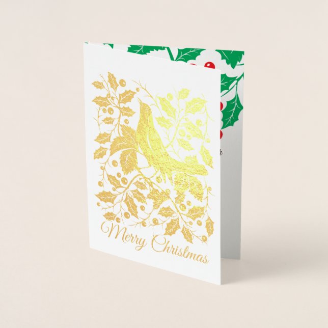 Bird with Holly & Berries Foil Holiday Card (Front)