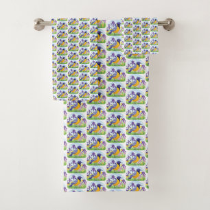 Bird with Iris Flowers Floral Pattern Colorful Bath Towel Set