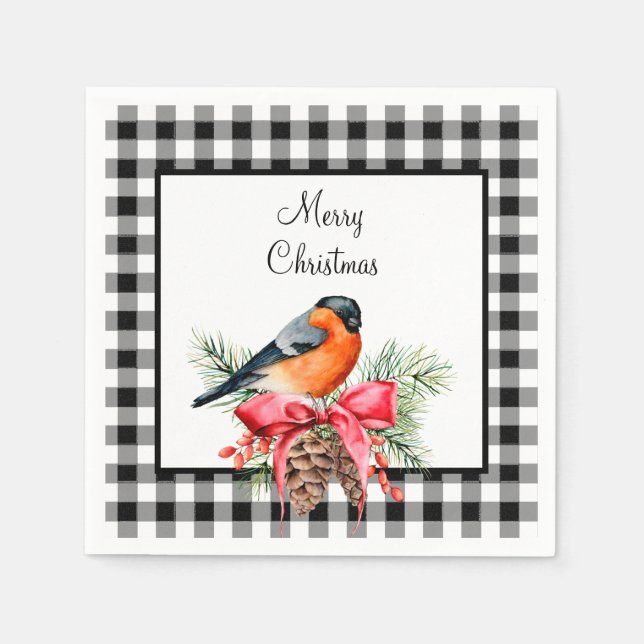 Bird with Pinecones Black and White Buffalo Check  Napkins (Front)
