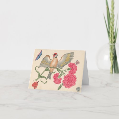 Bird with red head carnations and butterflies note card