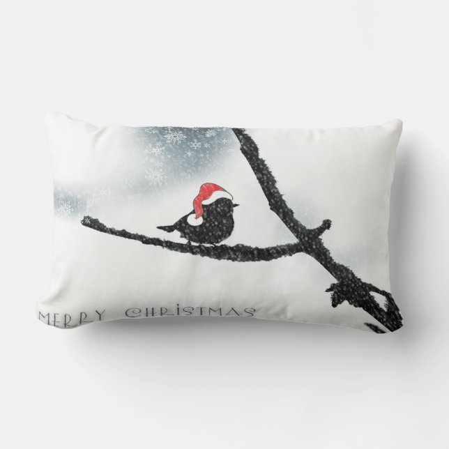 Bird With Santa Hat, Merry Christmas Lumbar Pillow (Front)
