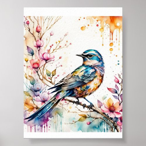 bird with vibrant pink magnolia blooms poster