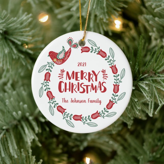 Bird Wreath & Family Photo Christmas Ornament (Tree)