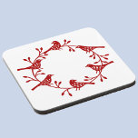 Bird Wreath Modern Scandi Beverage Coaster<br><div class="desc">Pretty festive Scandinavian bird and rosehip wreath. Red on a white background.</div>