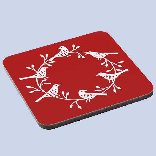 Bird Wreath Modern Scandinavian Beverage Coaster (Red and white Scandinavian bird wreath festive coaster)