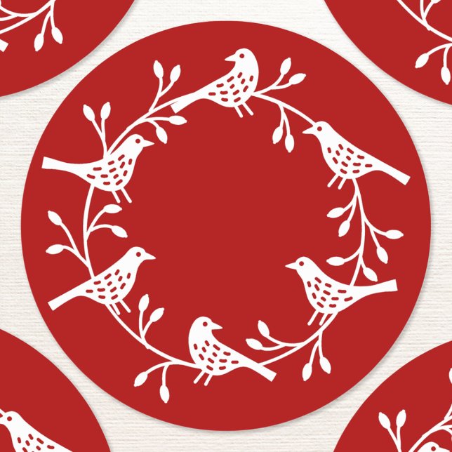 Bird Wreath Modern Scandinavian Style Classic Round Sticker (Scandinavian style red and white bird wreath sticker)