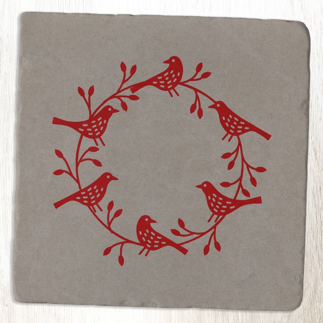 Bird Wreath Red on Neutral Modern Scandi Festive Trivet (Red Scandinavian bird wreath festive trivet)