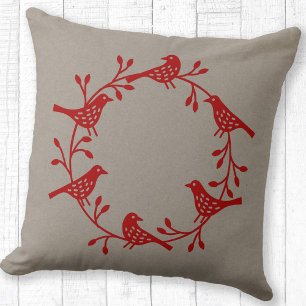 Bird Wreath Red on Neutral Modern Scandi Throw Pillow