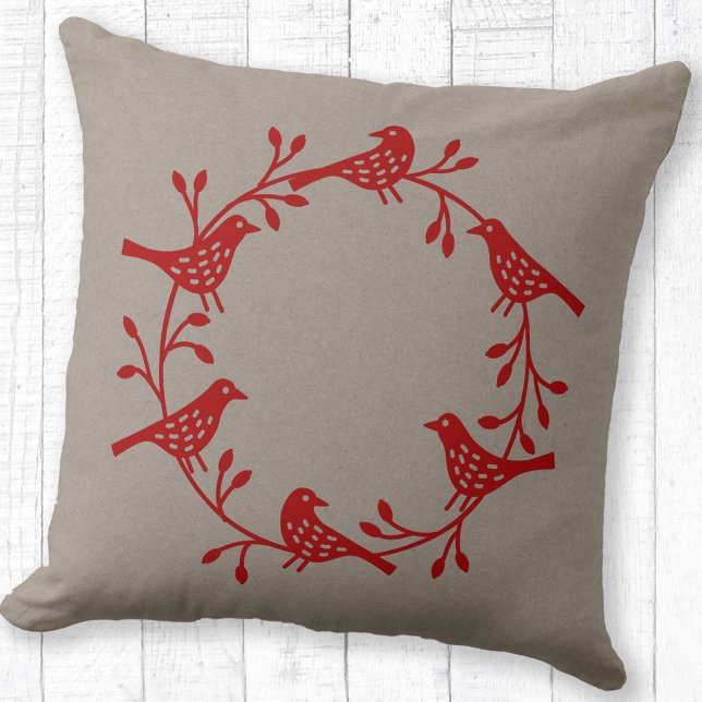 Bird Wreath Red on Neutral Modern Scandi Throw Pillow (Red Scandinavian bird wreath on neutral brown pillow)