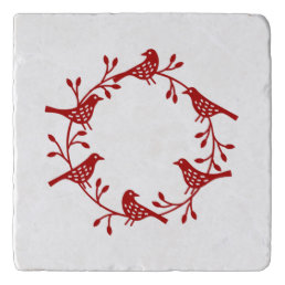 Bird Wreath Red on White Modern Scandi Festive Trivet