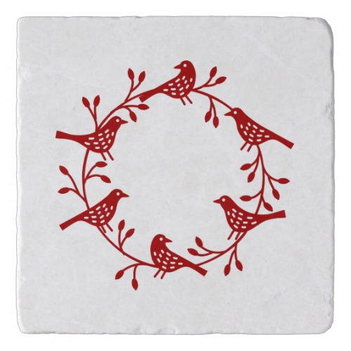 Bird Wreath Red on White Modern Scandi Festive Trivet
