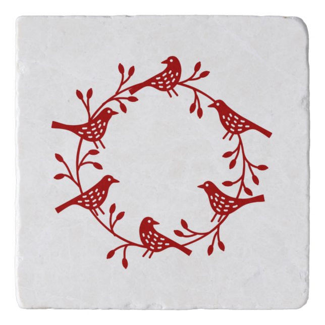 Bird Wreath Red on White Modern Scandi Festive Trivet (Front)